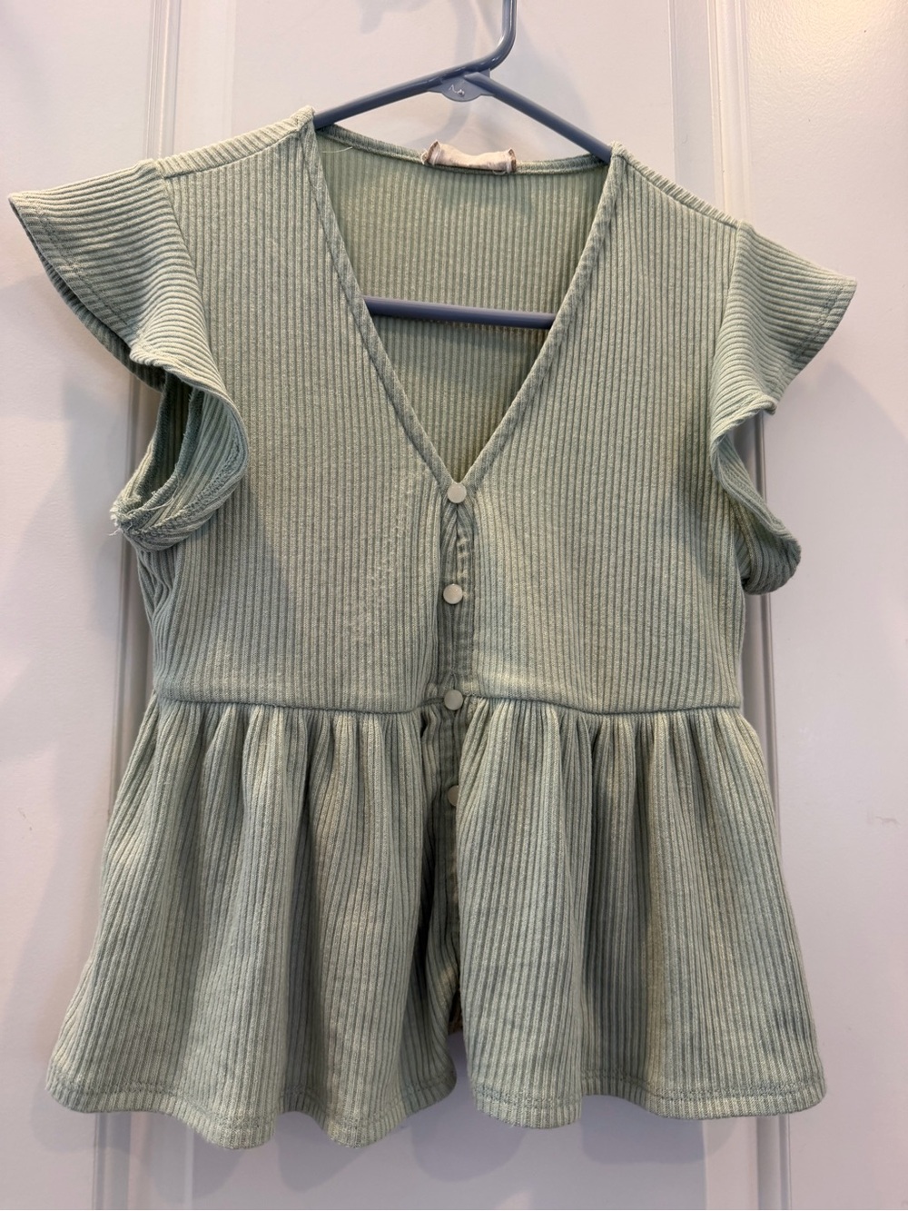 Altar’d State Ribbed V-Neck Peplum Button Front Top — Sage Green